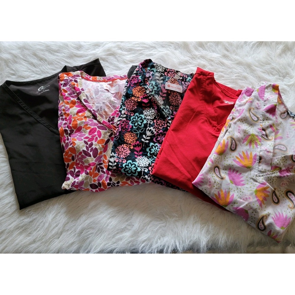 Lot of 5 Scrub Tops Printed Short Sleeve Womens Medium Red Black Floral Pink